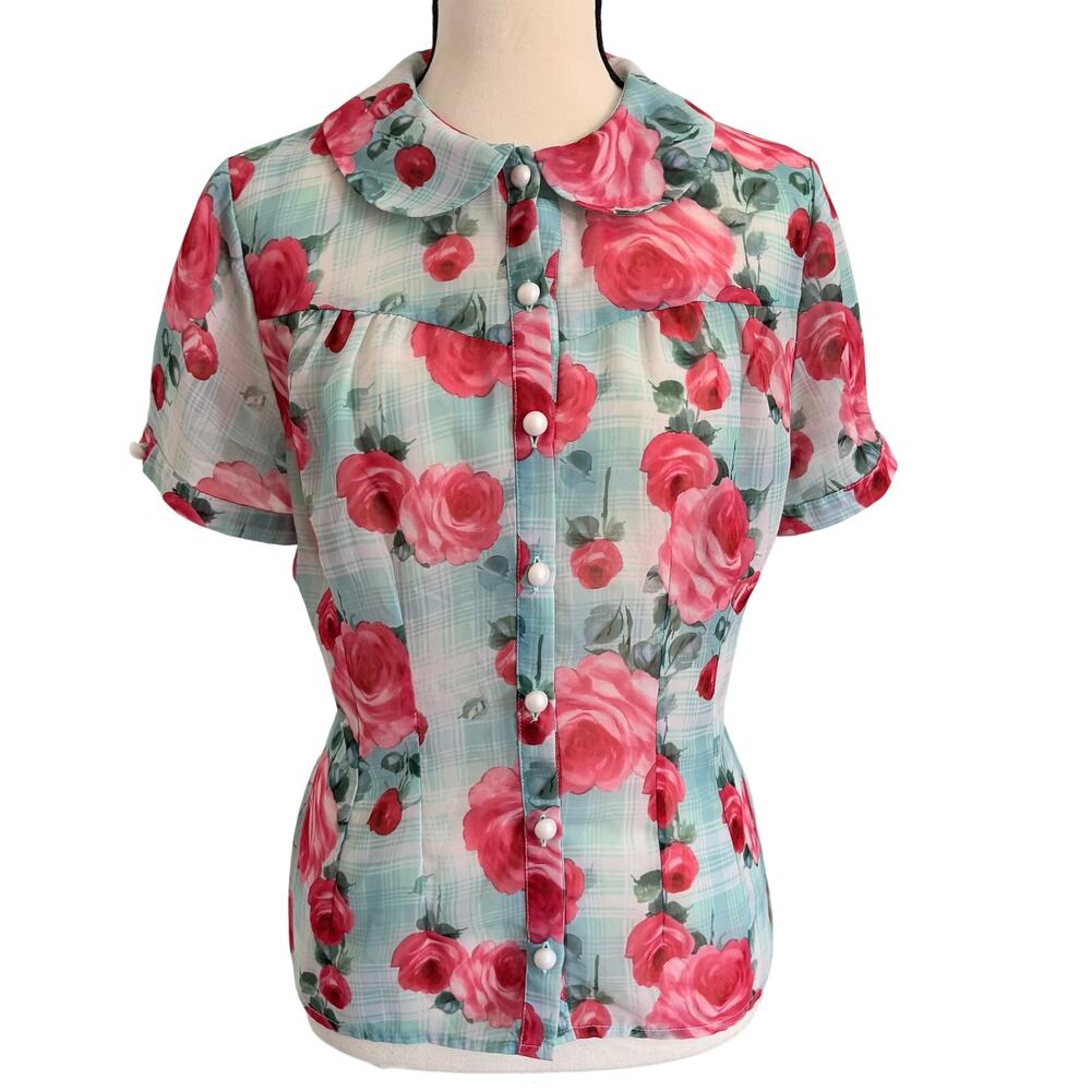 Hell Bunny Suzannah Rose Plaid Print Retro Blouse Peter Pan Collar 50's Retro M